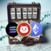 Solana, Catzilla i Ethereum na tle walizki pełnej pieniędzy.