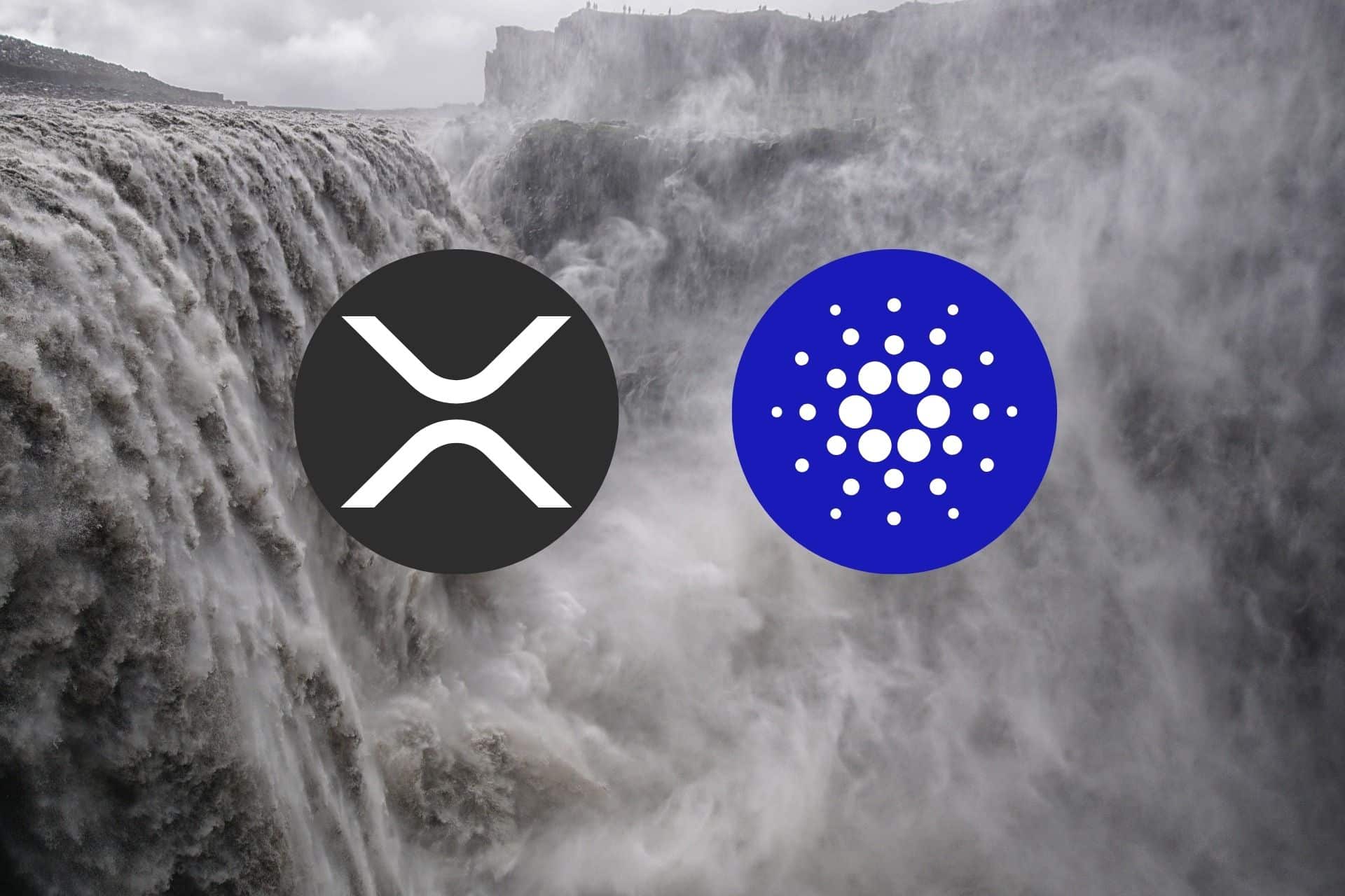 XRP i Cardano na tle wodospadu.