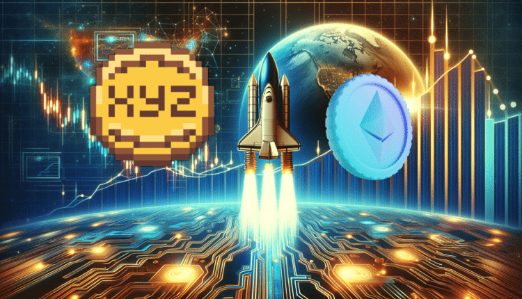 zXYZ i Ethereum, w tle start rakiety i wykresy giełdowe.