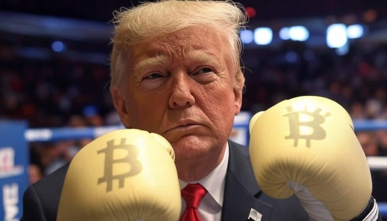 donald trump w rękawicach bokserskich z logo bitcoin