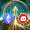 Ethereum i Catzilla na tle miasta i strzałki symbolizującej wzrsot.