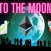 Ethereum na tle księżyca, obok wykres wzrostu i start rakiety.