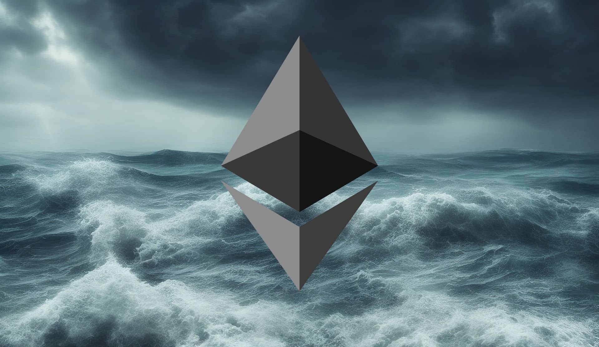 Logo Ethereum na tle wzburzonego morza.