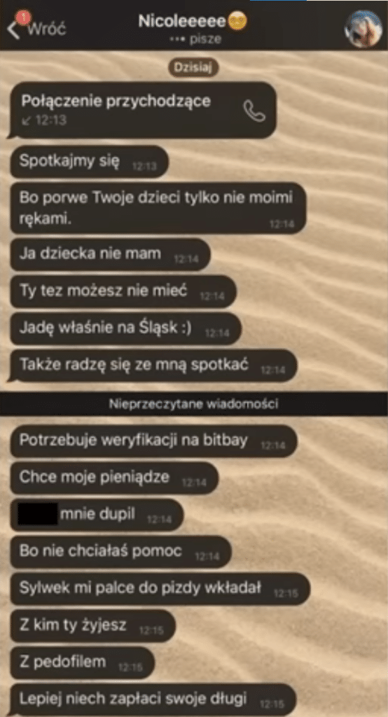 wiadomość Nicole Suszek do partnerki Sylwestra Suszka. Screen: Przemysław Kral, CEO zondacrypto