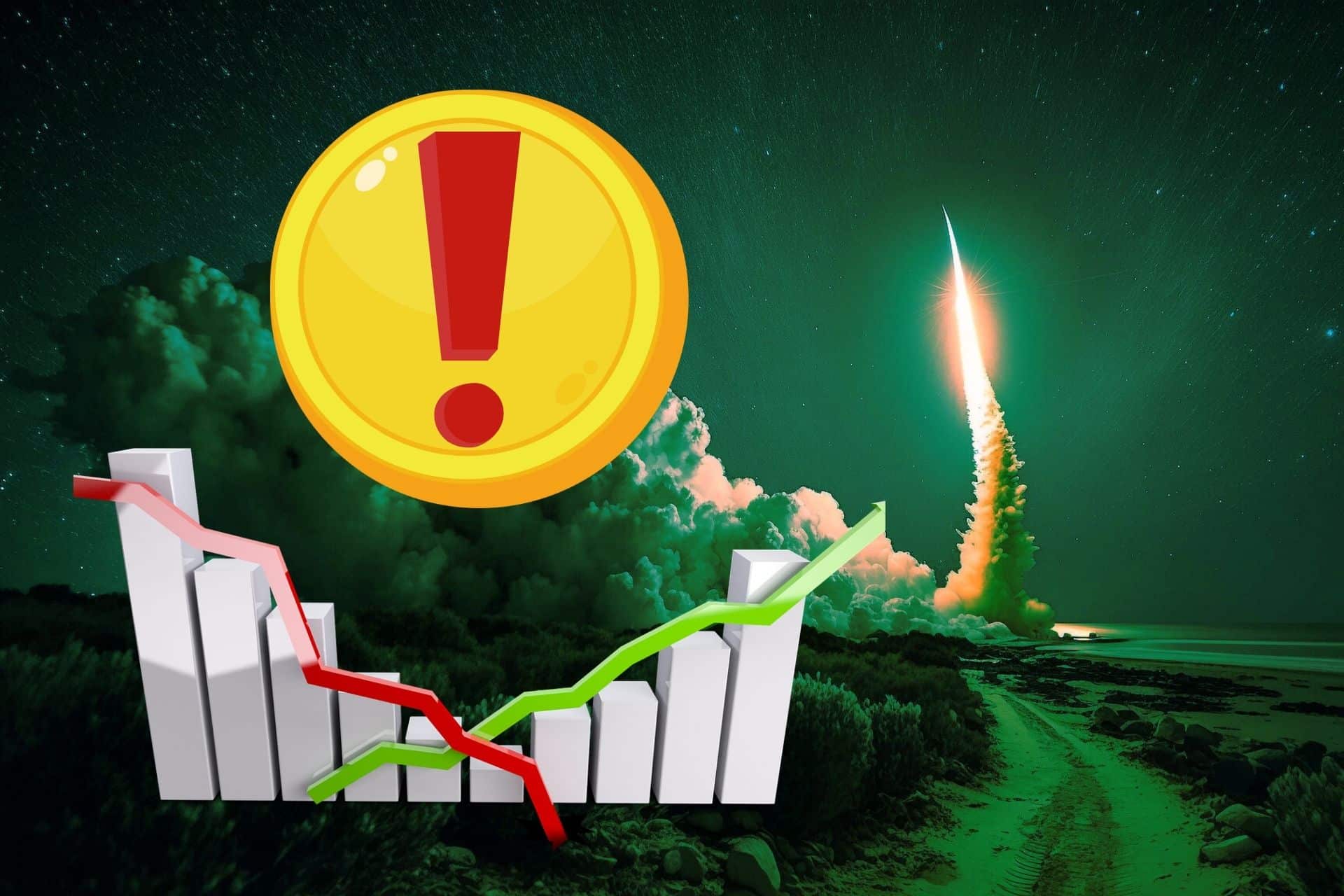 Tajemnicza moneta doświadcza przełamania trendu, w tle start rakiety.
