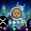 XRP, Dogen, Solana na tle byka i miasta.