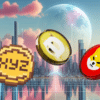 XYZ, DOGE i SHIB na tle miasta.