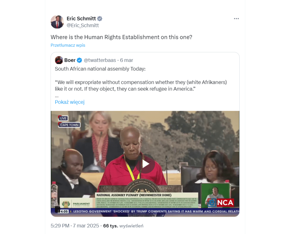 Hipokryzja medialna dot. wywłaszczeń farm w RPA