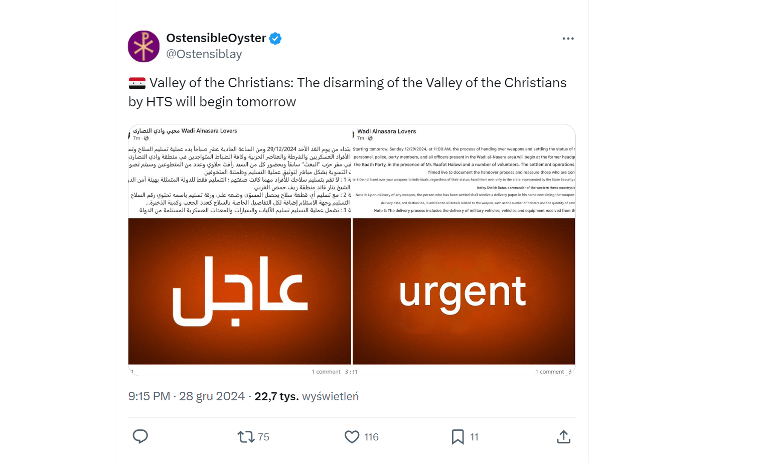 Syria – próby rozbrajania chrześcijan przez islamistów
