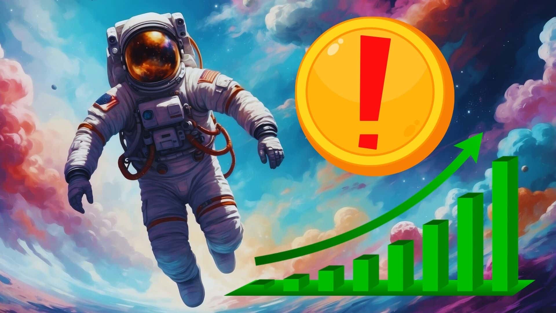 Tajemniczy token. W tle wykres pokazujący wzrost i astronauta.