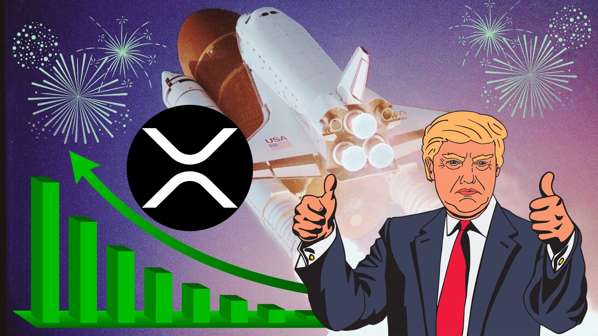 XRP gotowy na wzrsot. W tle Donald Trump, start rakiety, fajerwerki i wykres wzrostu.