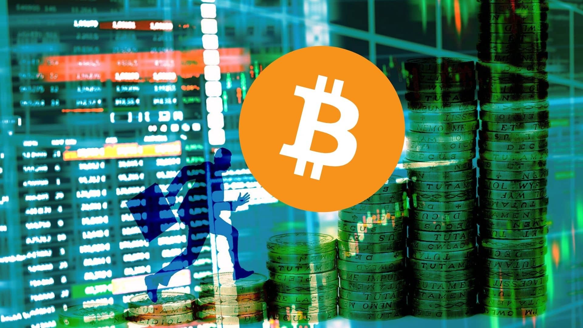 Bitcoin na tle wykresów i stosu monet.