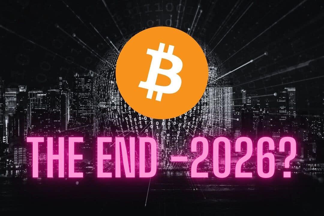 Bitcoin i neonowy napis "The end - 2026". Czarne tło.