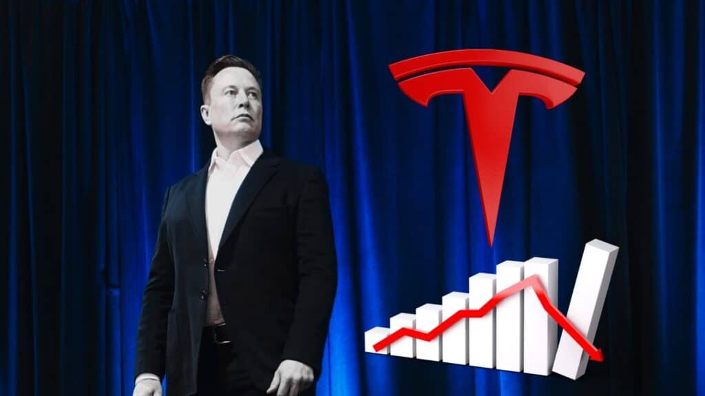 Elon Musk, logo Tesla i wykres pokazujący spadek.
