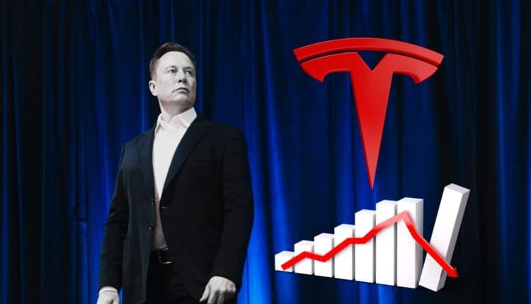 Elon Musk, logo Tesla i wykres pokazujący spadek.