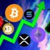 Kryptowaluty rosną (BTC, ETH, SOL, XRP, DOGE).
