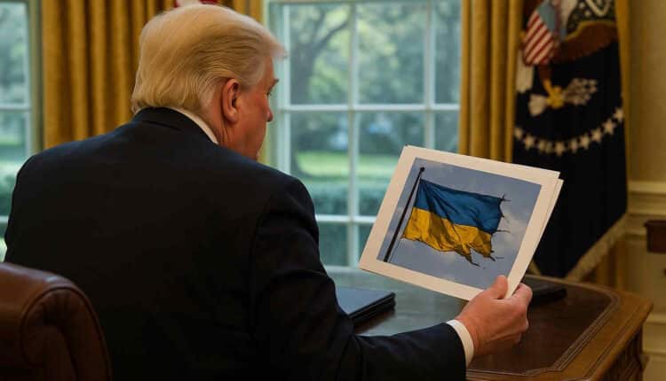 Trump spoglądający na zdjęcie przedstawiające podartą flagę Ukrainy
