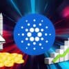 Cardano, w tle wykres wzrostu, złote monety i rakieta.