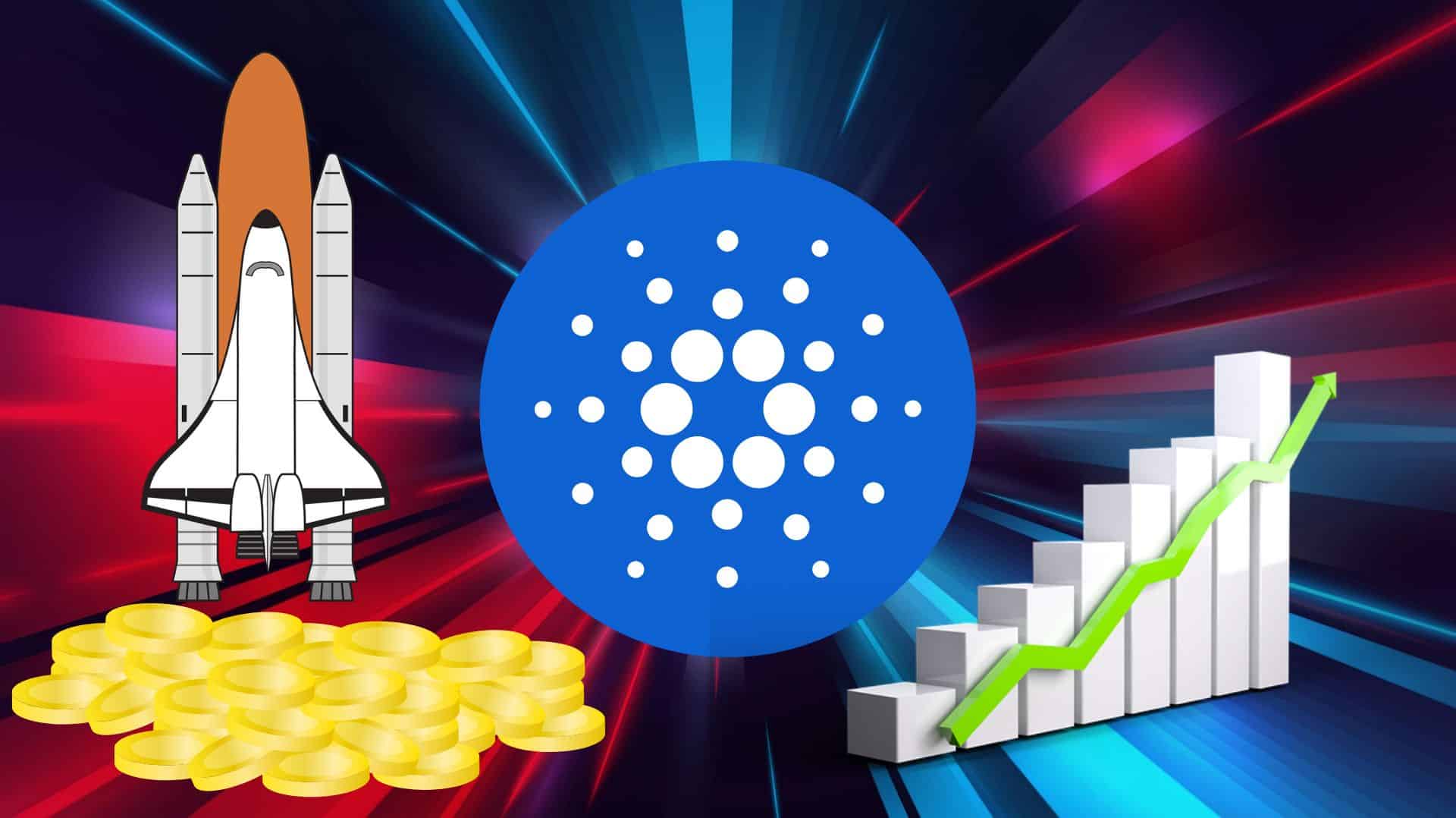 Cardano, w tle wykres wzrostu, złote monety i rakieta.