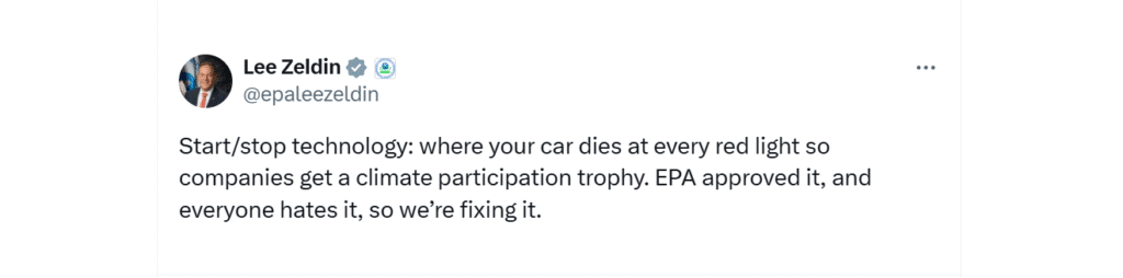 Lee Zeldin, EPA – oświadczenie dot. tego, że samochody nie będą już musiały być wyposażone w "start/stop technology"