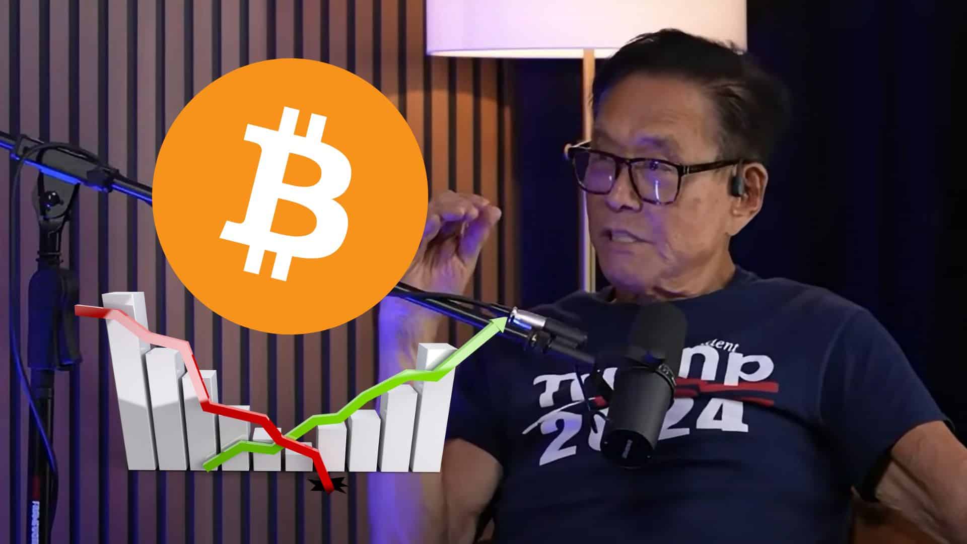 Robert Kiyosaki w trakcie wywiadu, w tle Bitcoin i wykres.