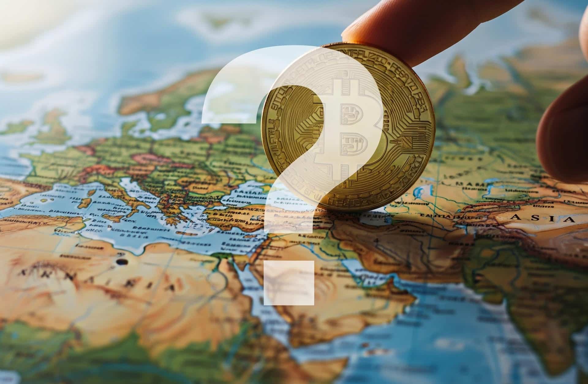 palec toczący Bitcoin na mapie Europy i Azji