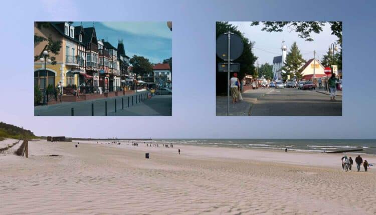 Plaża nad Bałtykiem, w tle obrazek z hotelem i deptakiem.