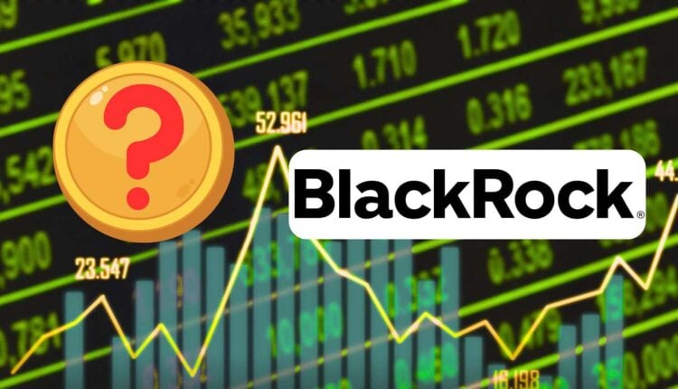 Logo BlackRock na tle wykresu giełdowego i tajemniczego tokena.