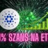 Cardano z 71% szans na ETF, w tle wykres wzrostu i fajerwerki.