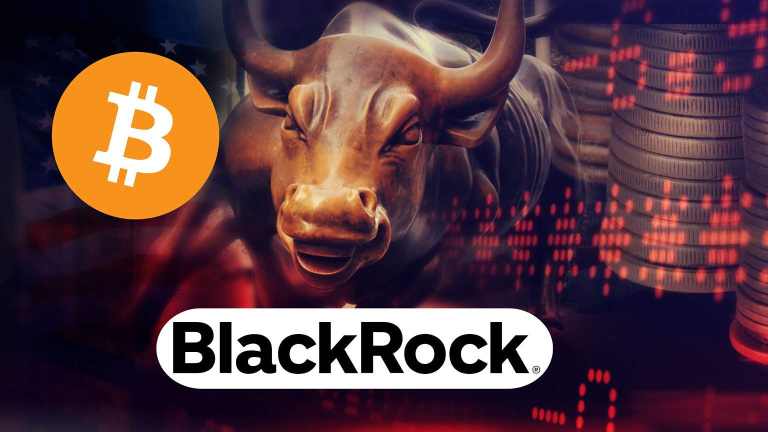 BlackRock sprzedaje BTC. W tle rozpędzony byk i wykres giełdowy.