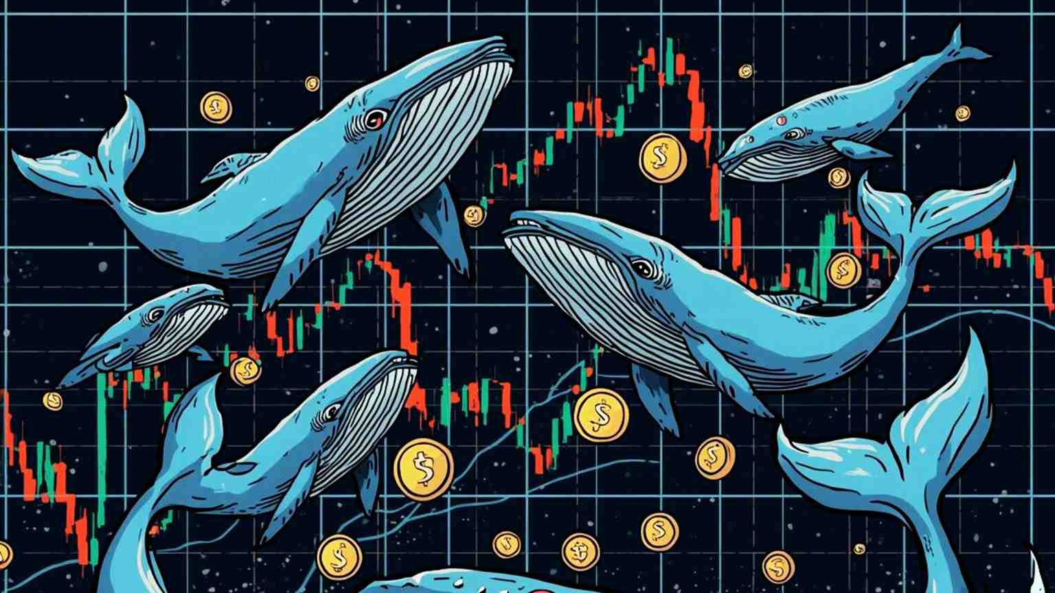 Wieloryby sprzedają kryptowaluty. W tle wykres giełdowy.