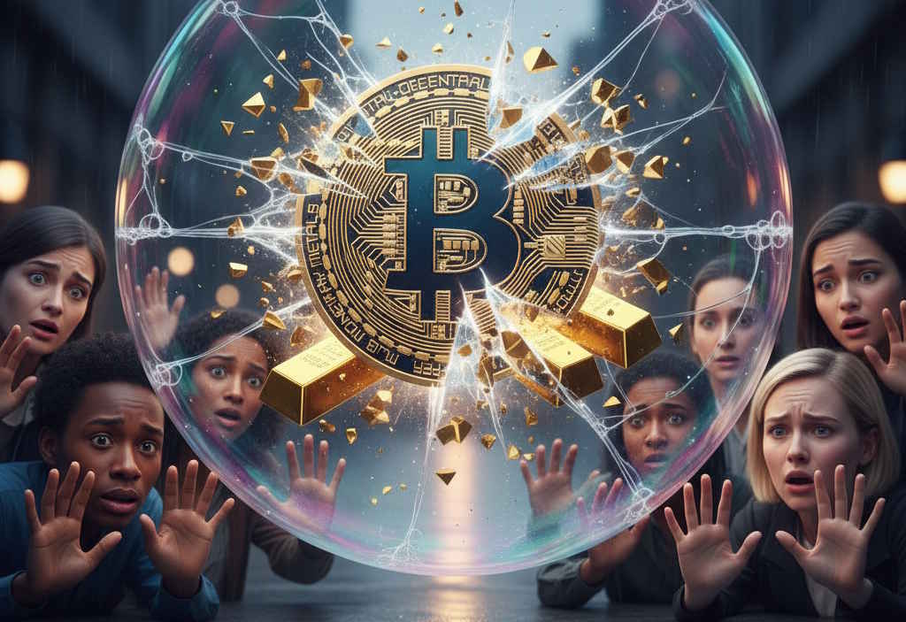 Bańka pęka – złoto idzie w dół, Bitcoin traci bilion. Google i JPMorgan ostrzegają – to się nie skończy dobrze!