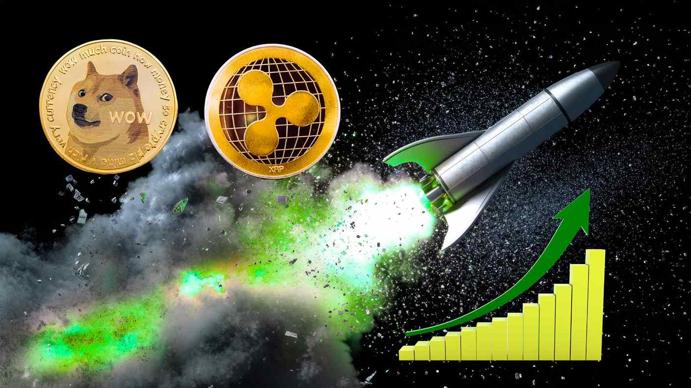 DOGE i XRP na tle rakiety i wykresu wzrostu.