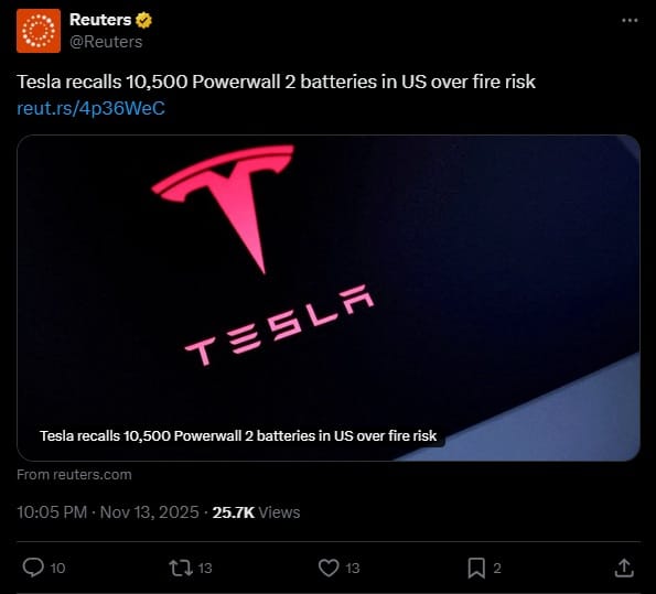 Post Reuters na X o Tesli.