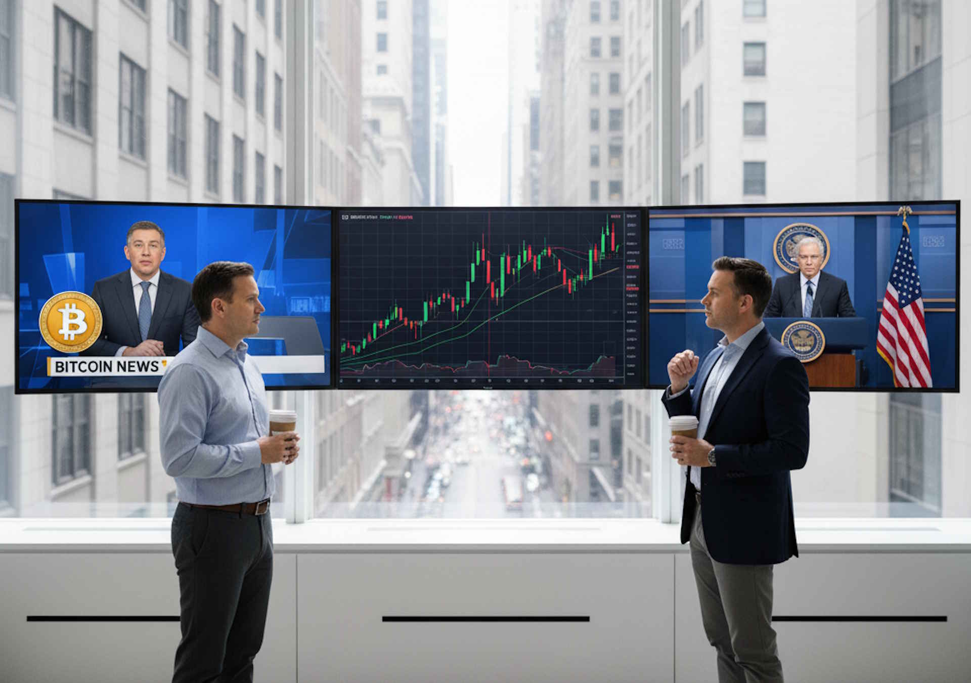 traderzy Bitcoin na tle telewizorów