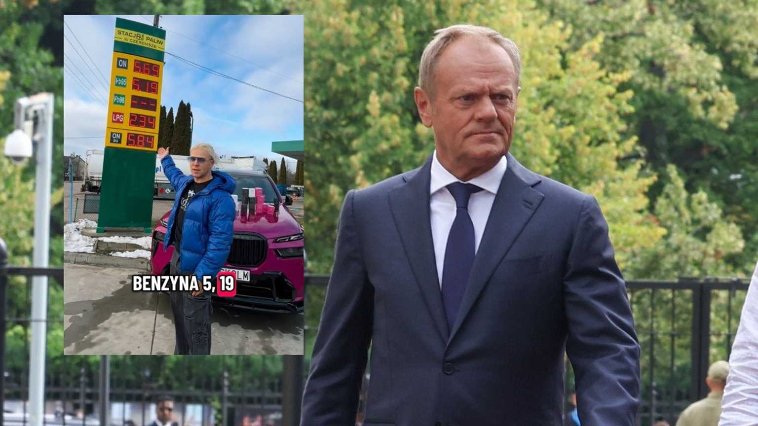 Donald Tusk, w tle Skolim reklamuje swoją stację benzynową.