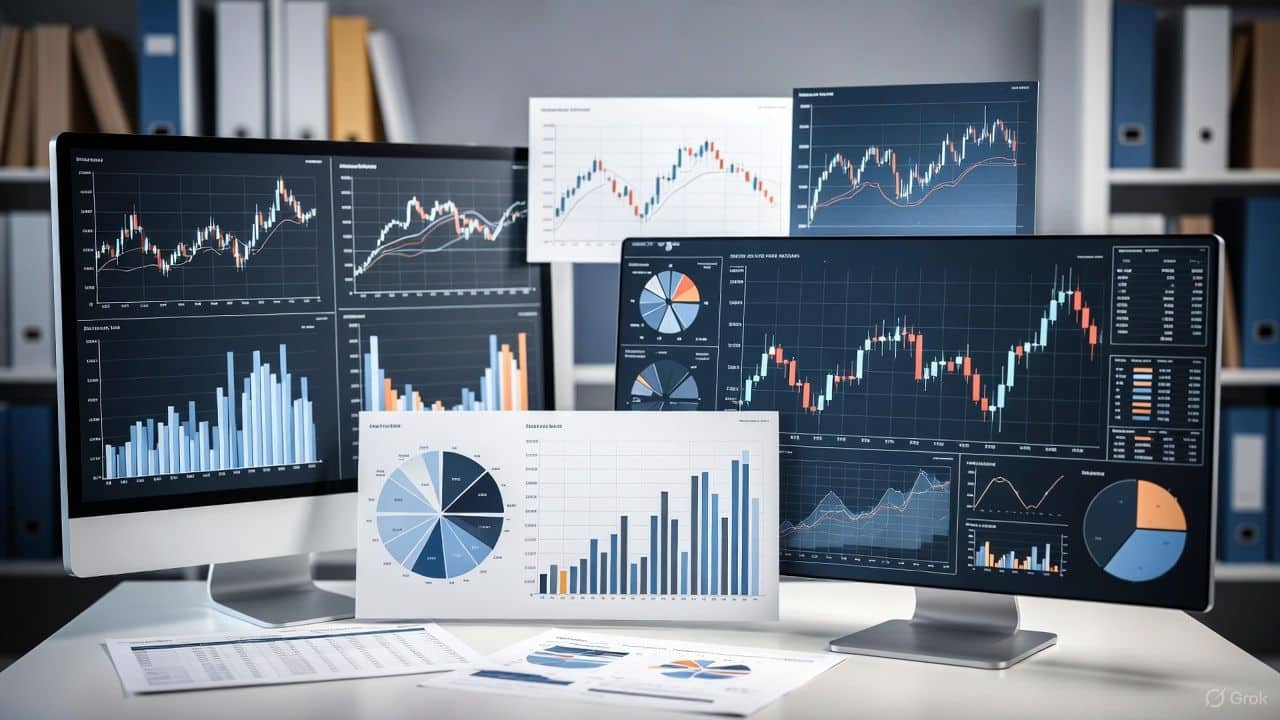 Komputery z licznymi wykresami giełdowymi