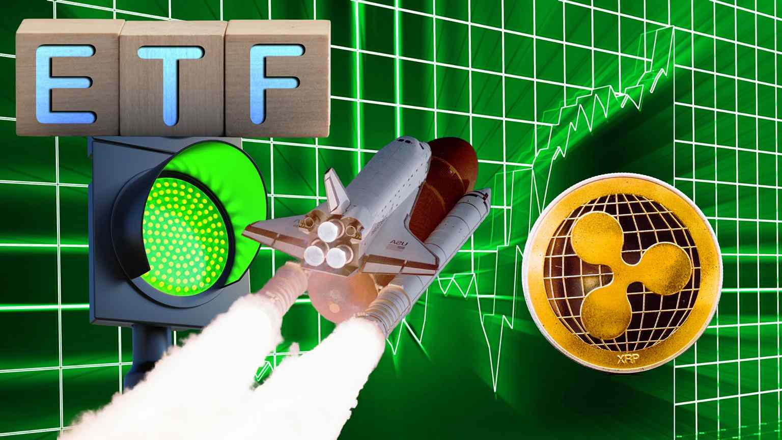 Debiut nowych XRP ETF. W tle Ripple i start rakiety na tle wykresu wzrostu.