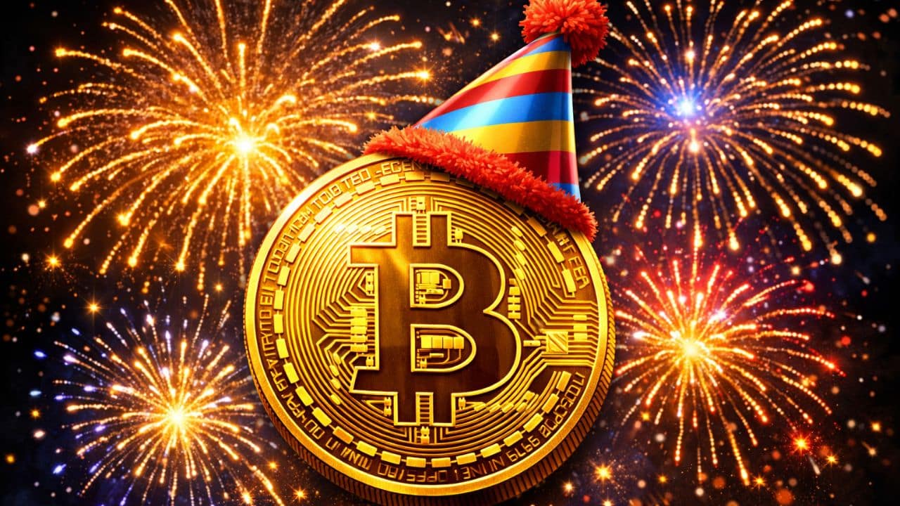 Bitcoin z urodzinową czapką na tle kolorowych fajerwerków