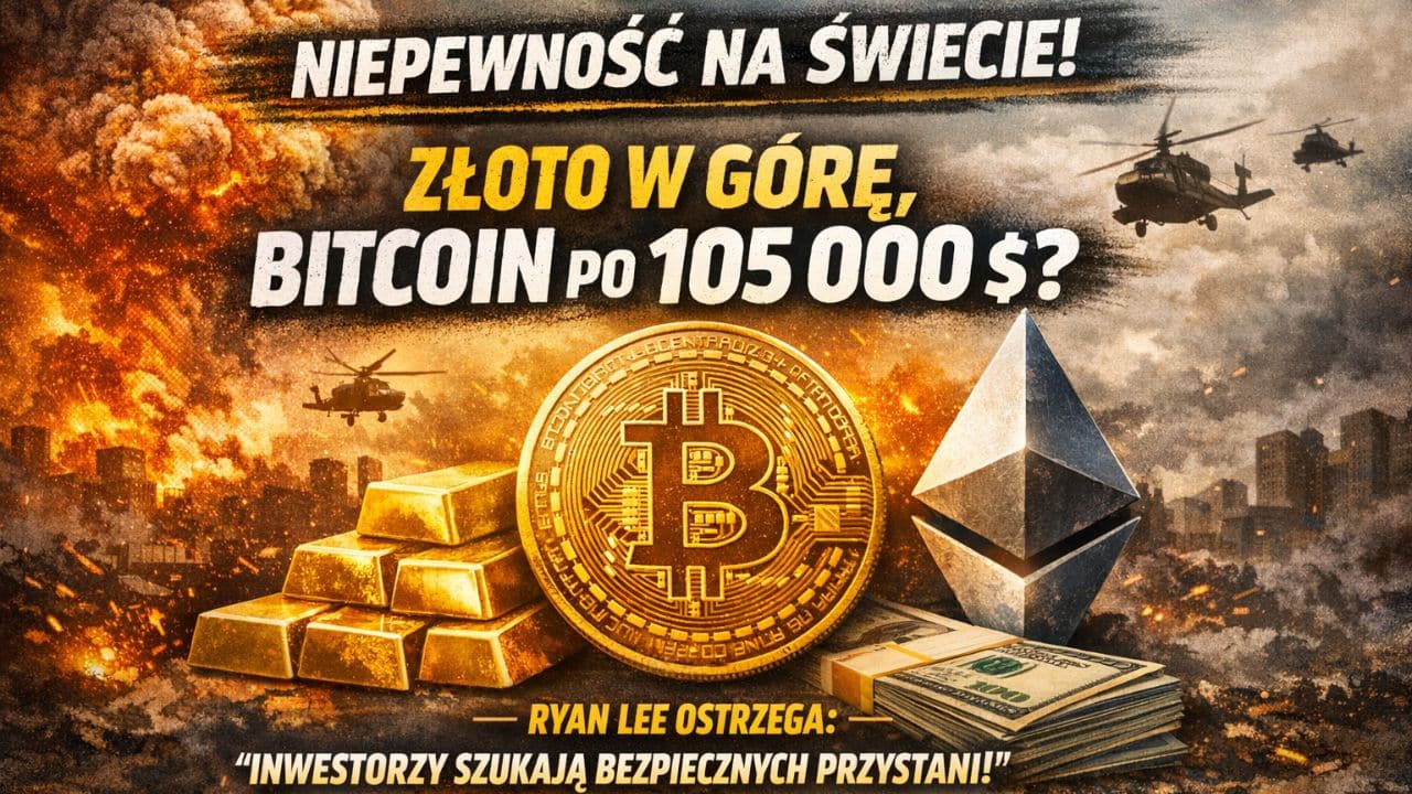 Bitcoin i Ethereum, gotówka i złoto na tle wojennego konfliktu. Napis sugerujący wzrosty tego typu aktywów w czasach niepewności.