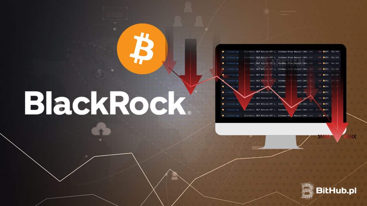 BlackRock logo na tle Bitcoina i spadających czerwonych kresek. Laptop pokazuje transakcje przenosin kryptowalut na giełdę Coinbase.