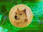 Dogecoin na tle zielonych wykresów giełdowych.