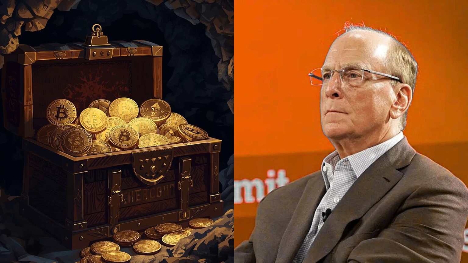 Larry Fink, CEO BlackRock spogląda na swój kryptowalutowy skarbiec.