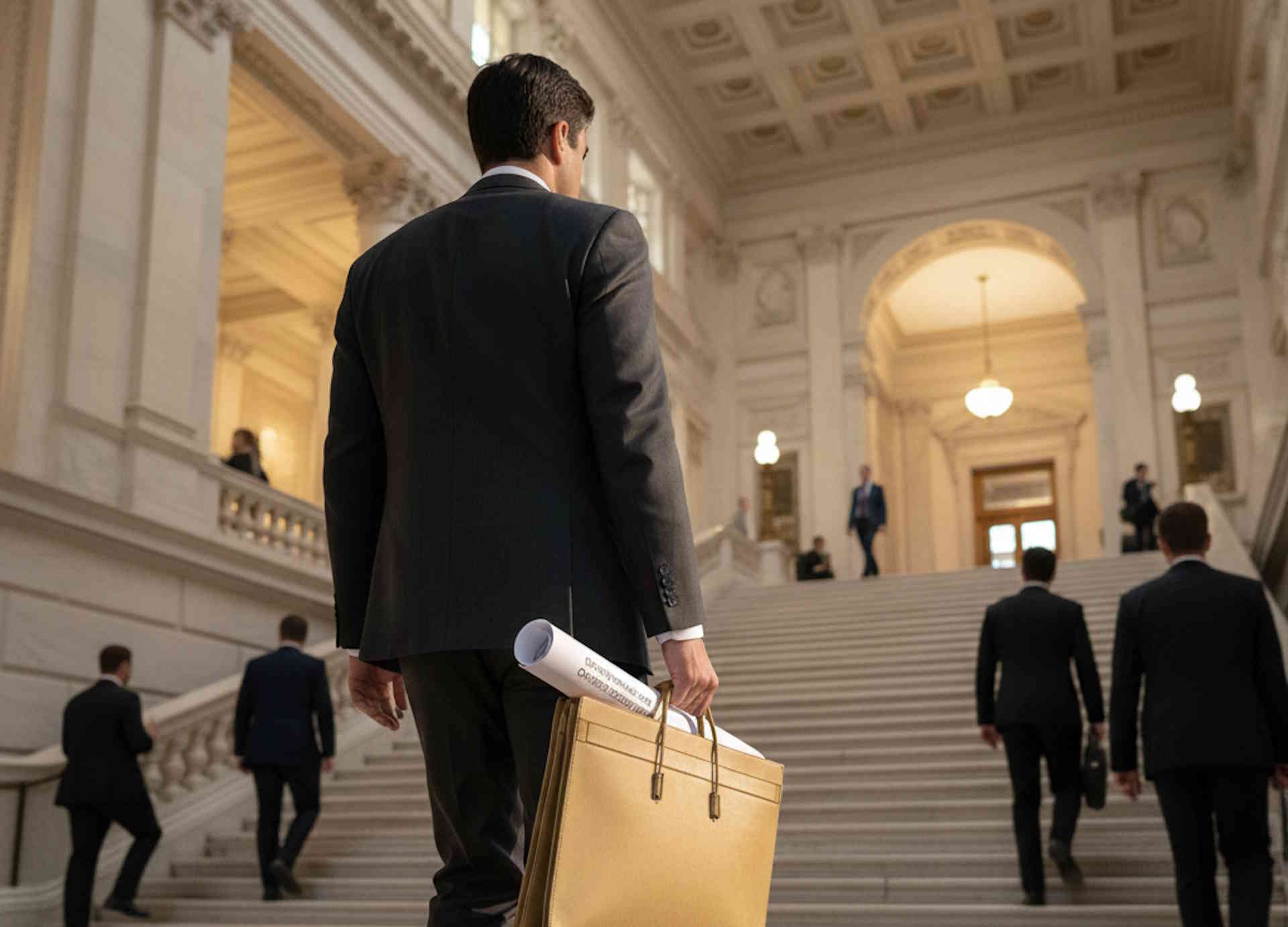 mężczyzna z projektem przepisów krypto na klatce schodowej urzędu