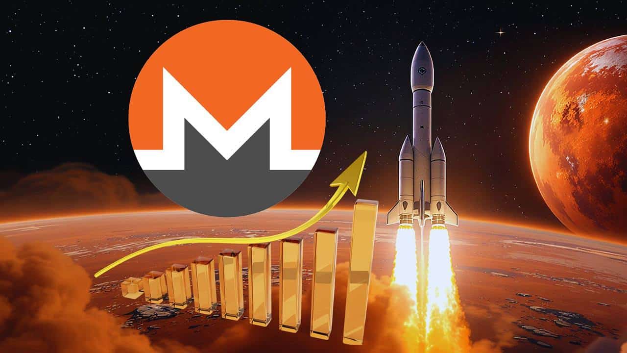 Monero notuje wzrost. W tle rakieta i księżyc.