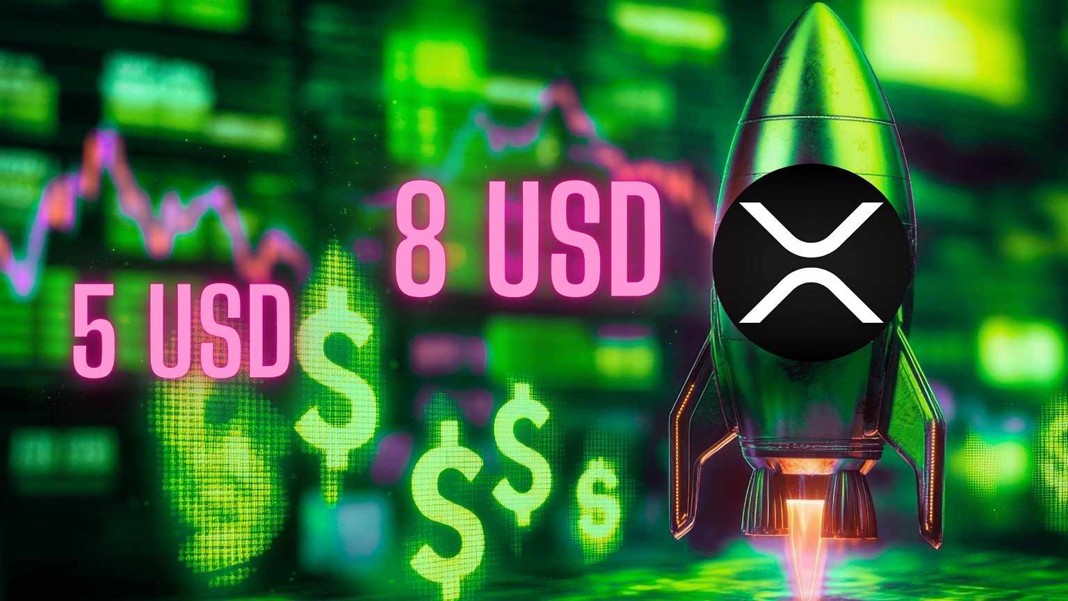 Rakieta z logo XRP na tle prognoz cen kryptowaluty Ripple.