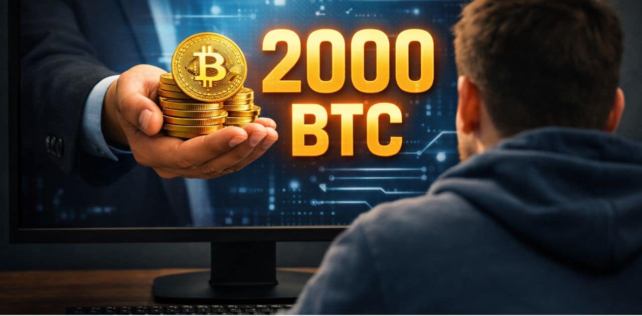 Ręka wystająca z monitora przekazuje internaucie 2000 BTC