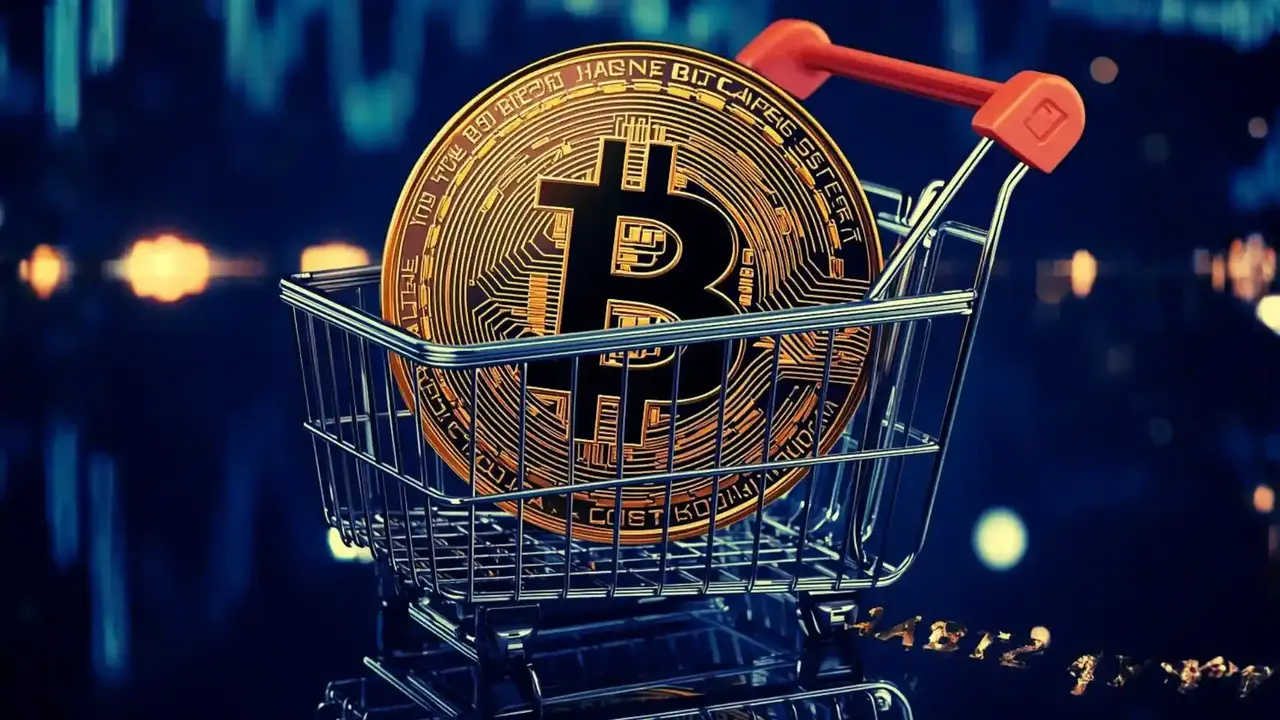 Bitcoin w koszyku zakupowym na tle wykresów giełdowych.