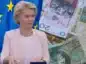 Ursula von der Leyen na tle flagi UE. W tle oszczędności w polskich banknotach.