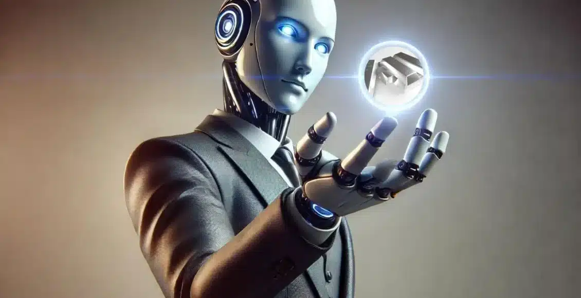 Robot AI w garniturze przyglądający się sztabkom srebra